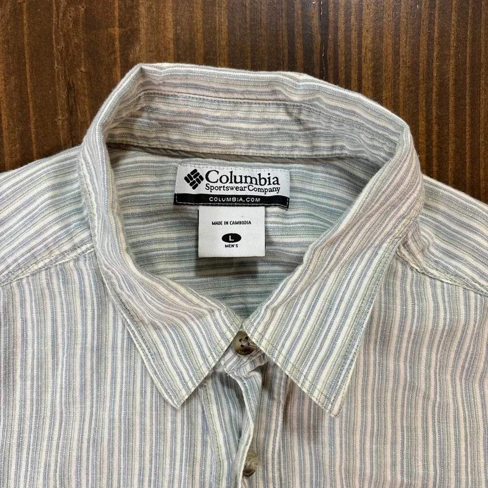 Columbia Mens Linen Cotton Striped Short Sleeve Button Down Shirt Large AM7316